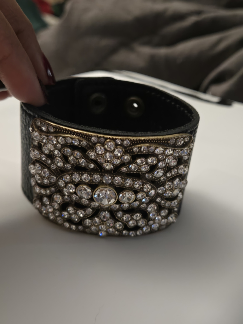 Vintage Paula Abdul "Forever Your Girl" Black Leather Rhinestone Cuff Bracelet
